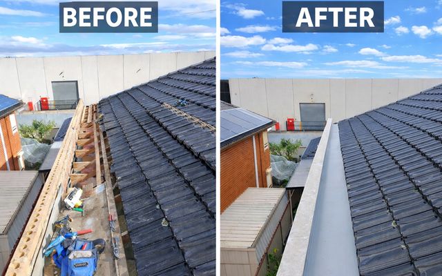 Tile roof and box gutter repair — before and after