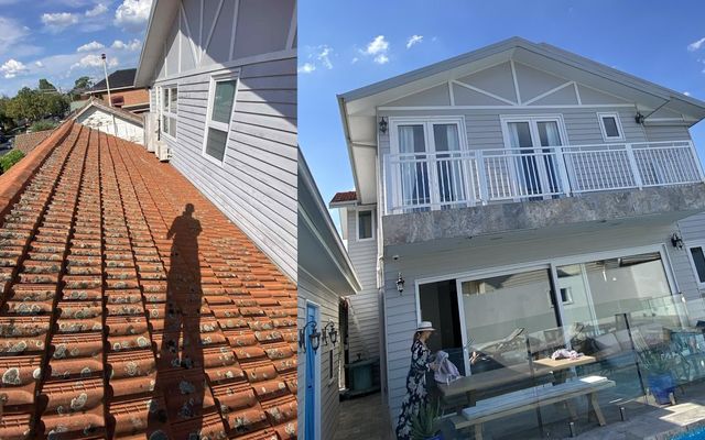 Tile roof inspection on a two-storey home